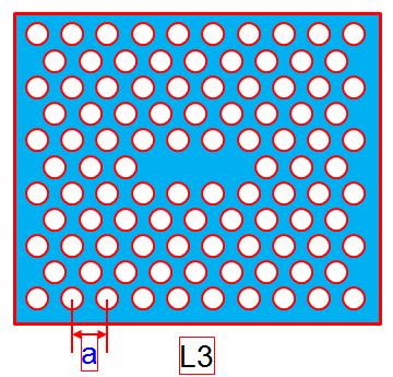 z x Figure 2. Schematic of top view of a) the normal L3 PhC-DNCs, and b) displaced air-holes and a typical direction of their displacements; L3M is the L3 with modifications. Table 1.