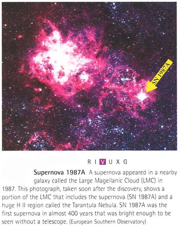 SN 1987A in the Large Magellanic Cloud (LMC) (Fig. 21.7 and Discovery 21-1 on p. 550) This was a major event for astronomers, since by far it s the nearest SN since we ve been observing them.