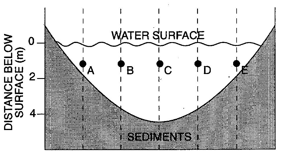 35. The diagram below represents a cross section of a stream. Points A, B, C, D, and E are locations within the stream channel. Which graph best represents stream velocity at locations A through E?