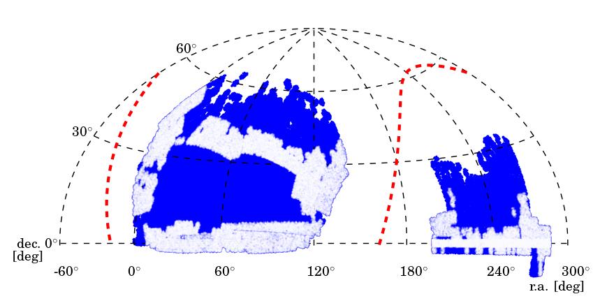 Fig. 1. Hammer-Aitoff projection of the BOSS DR11 footprint (dec. vs. r.a.) used here. The light areas show the DR9 sub-region available for the earlier studies of Busca et al.