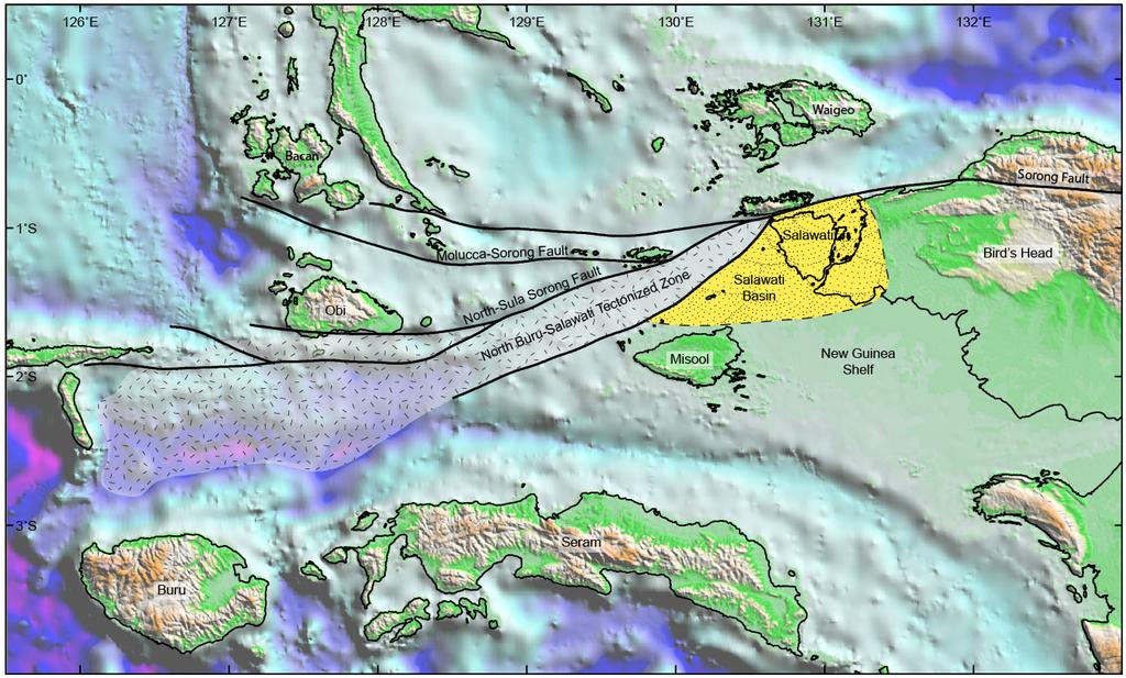 Figure 1 - Regional tectonic features of the Sorong Fault Zone in eastern Indonesia (adapted from Froidevaux, 1978;