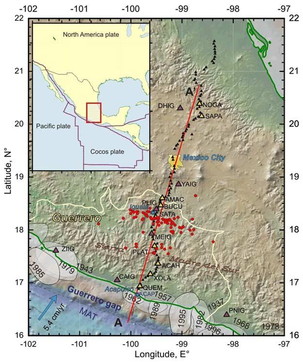 Figure 1. (inset) Location of the study area and plate boundaries. Seismotectonic setting, seismic network configuration and NVT locations.