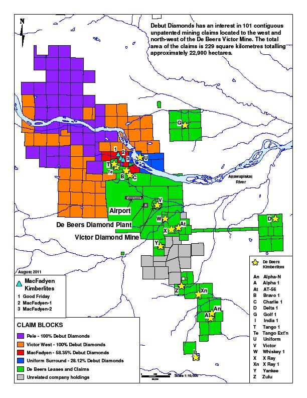 Pele, Victor West and Uniform Surround Pele, Victor West and Uniform Surround are comprised of 96 mining claims adjoining the east side of the 5 MacFadyen Kimberlite claims.