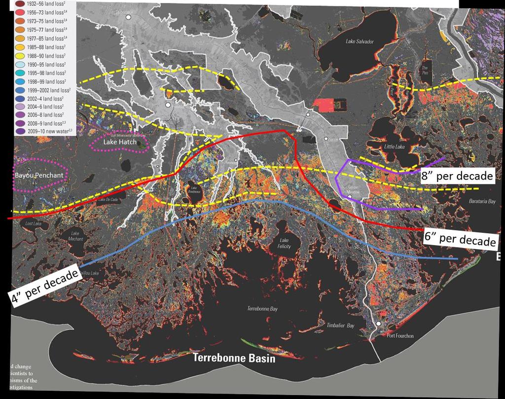 areas downthrown to faults on the New Orleans East Land Bridge where there has been no hydrocarbon extraction.