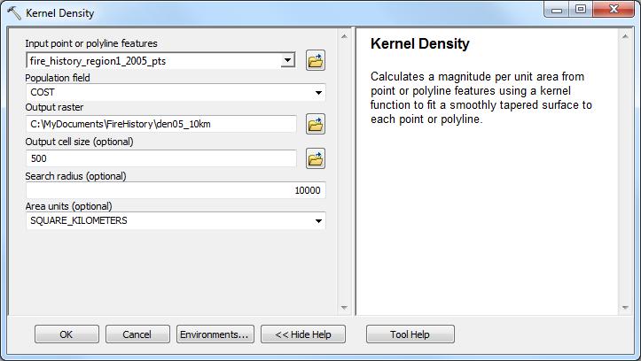 9 In ArcToolbox, expand Spatial Analyst Tools» Density, and then double-click Kernel Density. Use the point shapefile for forest fires as the input point features.