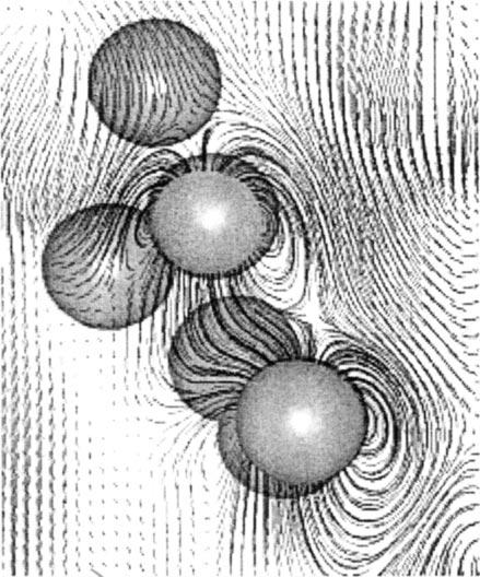 COMPUTATIONS OF MULTIPHASE FLOW 735 FIG. 13. A closeup of the streamlines around a few bubbles from a simulation of the buoyant rise of 91 bubbles in a periodic domain.