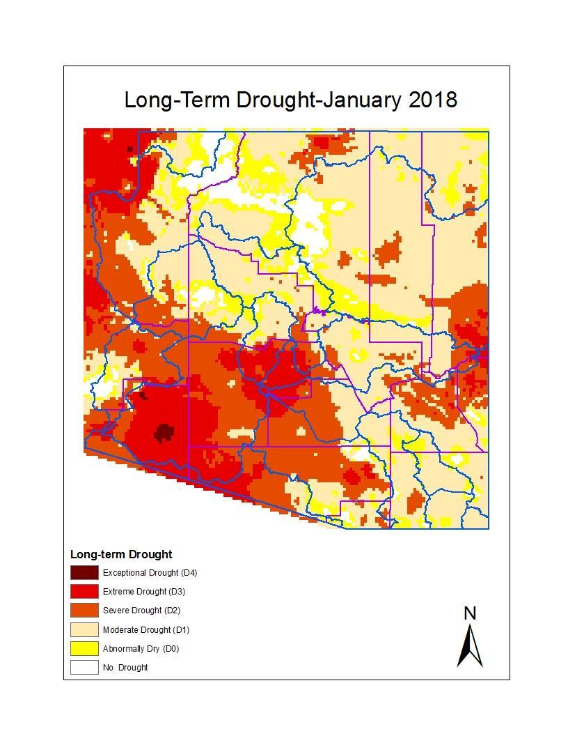 Long-term drought map for January for Arizona shows hydrologic drought, and is based on both precipitation and evaporation using the