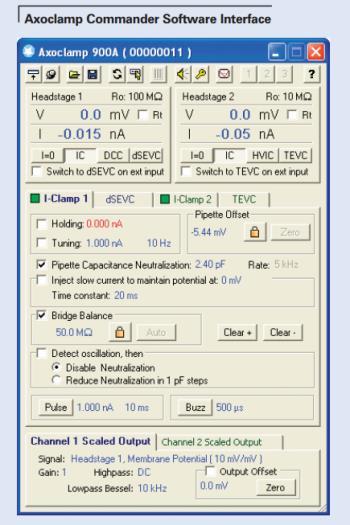Figure 7.5. Axoclamp Commader Software Interface 3. Check the pipette resistance by checking the Rt box next to the displayed voltage.
