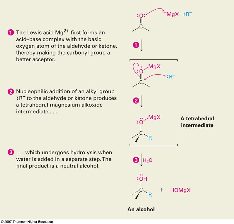 Mechanism of Addition of Grignard Reagents Complexation of C=O by Mg 2+, Nucleophilic addition of R :, protonation by