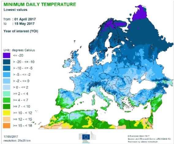 Occurence of the cold spell affected most of the EU in April and