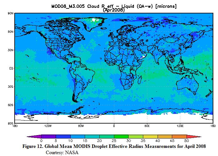 size of the droplets formed (Feng and Ramanthan 2010). The global R eff means for April 2008 show this trend in many of the locations with high aerosol content as shown in figure 11.