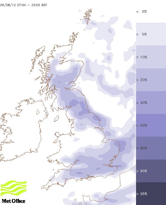 2.2km Convective-Scale Ensemble Showcase for London 2012 Olympics Probability Of Torrential Rain (16mm): 6 August