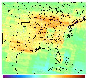 (right): High concentration (orange) over areas with dense