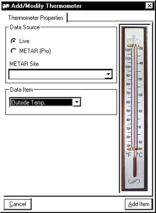 76 Display - Add Indicator Object Add Thermometer Applies to: Basic Home Standard Professional Broadcast Used for: Place a realistic digitized representation of a thermometer onto the Real-Time