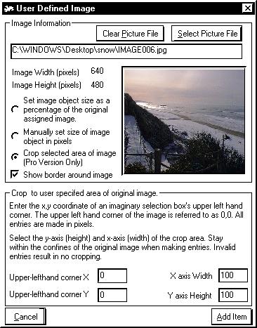 84 Display - Add Image Object User Defined Image Applies to: Basic Home Standard Professional Broadcast Used for: Display a user selected picture on the Real-Time Monitoring screen.