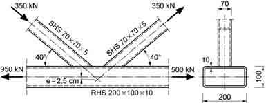 Example 3: K gap joint with RHS-chord and SHS-brace members Check of validity: (see section 8) 7 0.35 decisive 1. b i /b 0 = = 0.35 Max 20 20 0.1 + 0.01 = 0.3 1 2. b i /ti = h i /t i = 7/0.