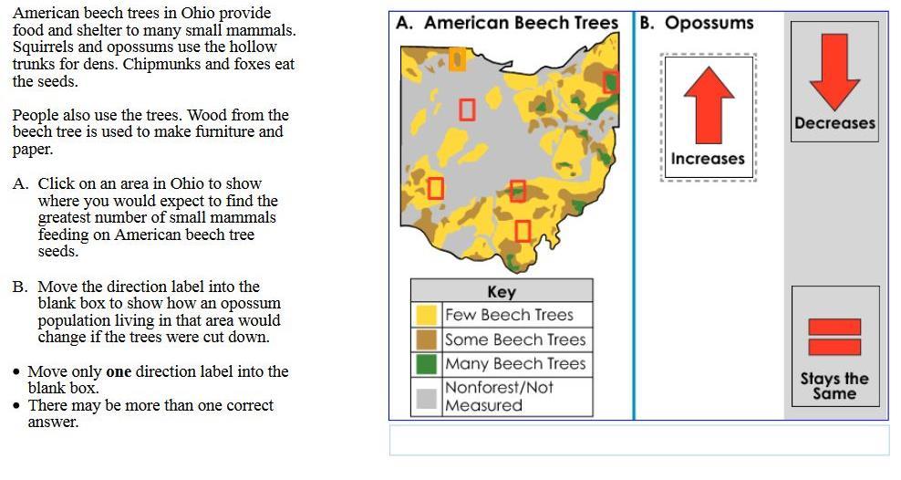 Sample Response: 1 point Notes on Scoring This response earns partial credit (1 point) for correctly identifying an area on the Ohio map that represents a high number of beech trees, which would