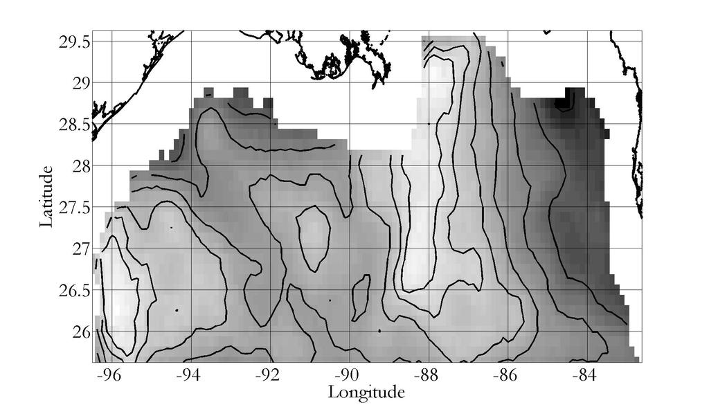 Figure 3: Illustrative contours of estimated median 100-year storm peak H S for a grid of locations throughout the U.S. Gulf of Mexico.