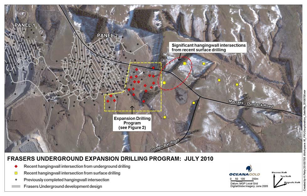 Figure 1 - Frasers Underground drilling programs in relation to current underground development design Diamond drilling from the underground exploration drive tested up to 250 metres east (down dip)