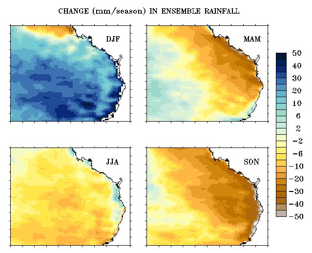 Figure 11: CCAM ensemble-mean seasonal rainfall change (mm per season)