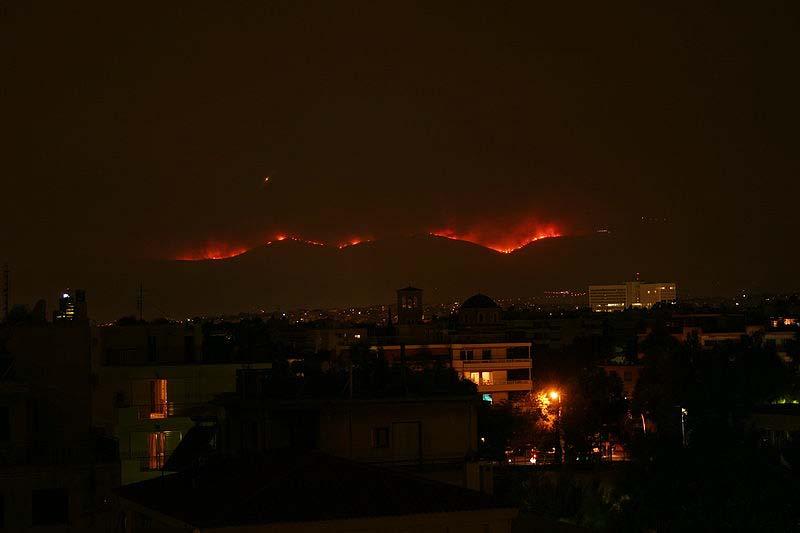 Extreme summer heat in Southern Europe (Greece) in 2007 Fire in progress at Parnitha