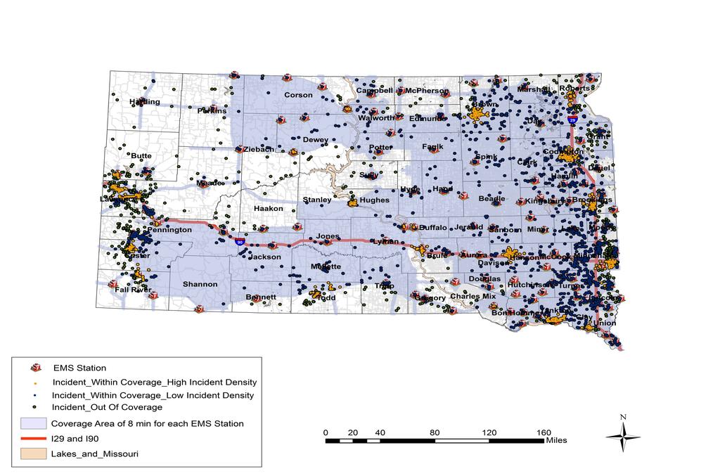 Figure 7 Coverage Area of 8 min for each EMS Station Eight-minute response time was chosen as the service
