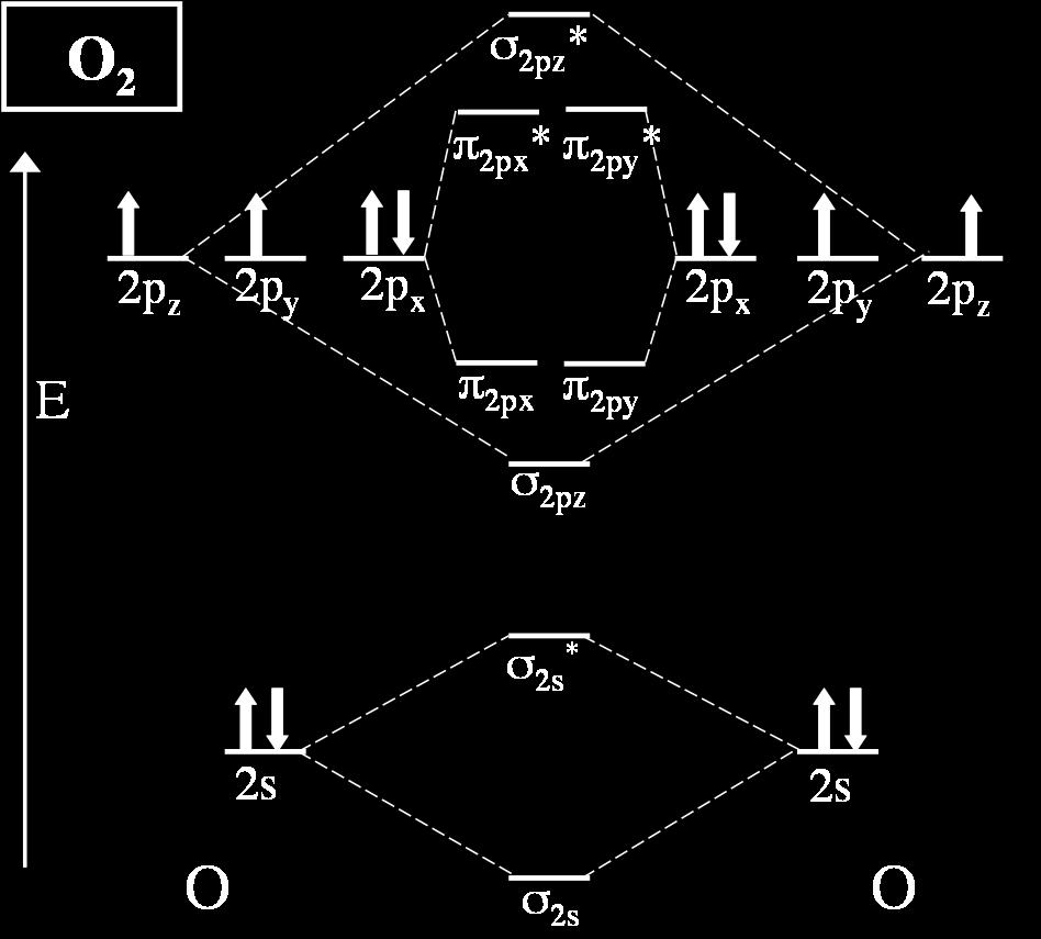 (σ 1s ) 2 (σ 1s *) 2 (σ 2s ) 2 (σ 2s *) 2 (σ 2pz ) 2 (π 2px ) 2 (π 2py ) 2 (π 2px *) 1 (π 2py *) 1 B.O. = E d = 494 kj/mol O 2 is a!