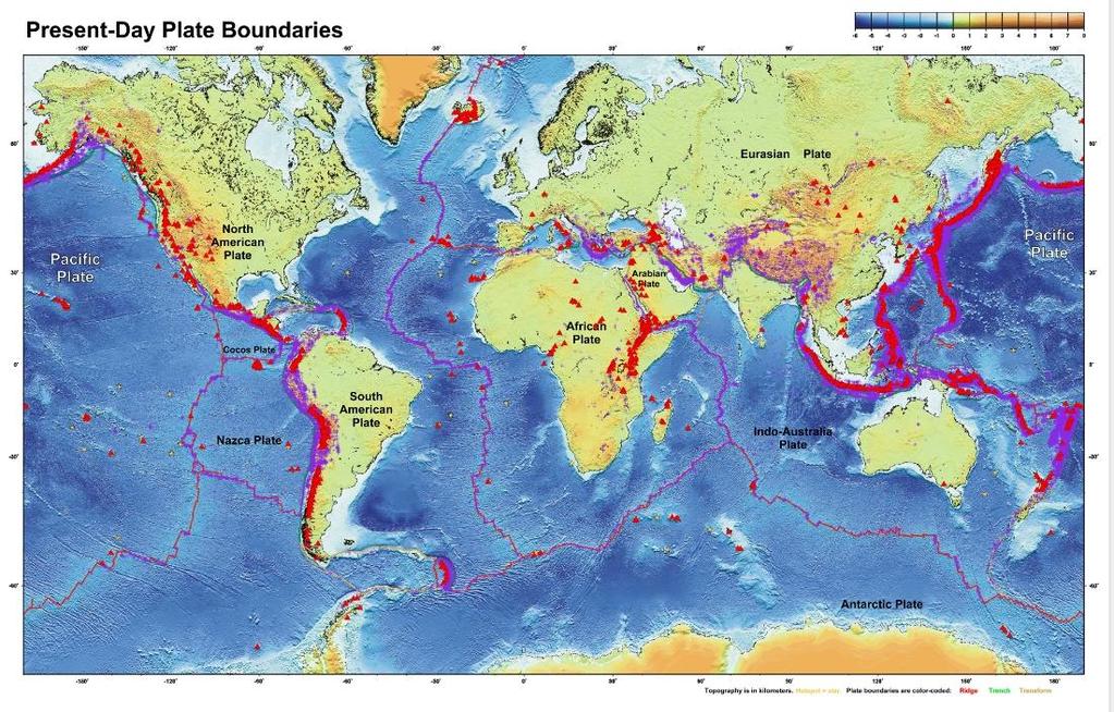 The interaction of these plates give rise to major earthquake zones and volcanism at convergent and divergent plate
