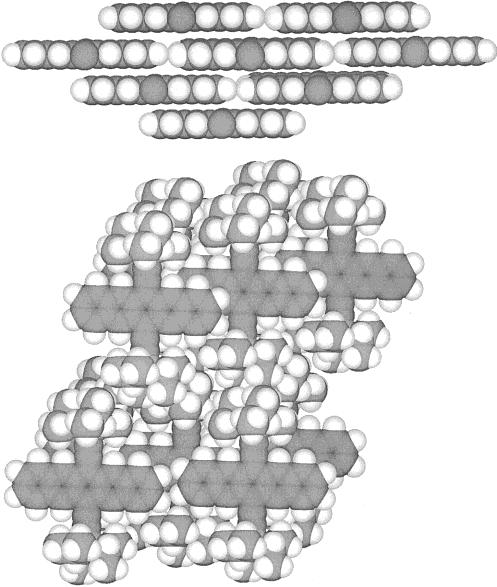 View down the crystallographic b axis, corresponding to the π-stacking axis, showing two-dimensional stacks of TIPS molecules together with space filling views