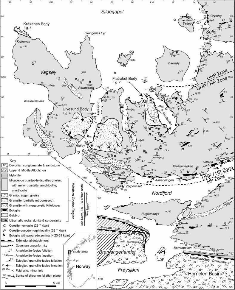 Pre-Caledonian granulite and gabbro enclaves in the Western Gneiss Region, Norway 237 2.b. Outer Nordfjord area The outer Nordfjord area (Fig.