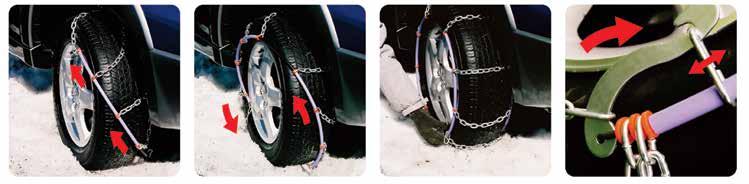 Locate the hook and chain, marked with multi-coloured washers (see inset photo). Lift hook and chain around the wheel and connect together at the top rear of the tyre.