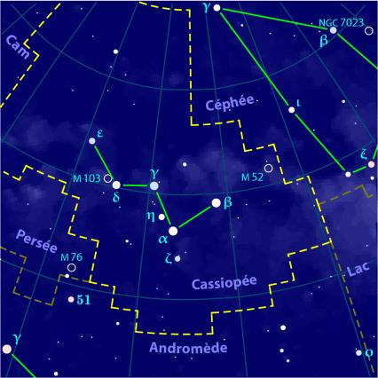 Do: Star Constellations Cassiopeia. It is named after the vain queen Cassiopeia in Greek mythology. It is easily recognised due to its distinctive 'M' or W shape.
