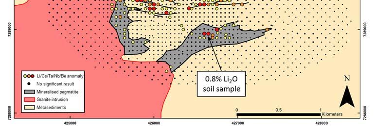 The soil sampling results highlighted several anomalous areas within the interpreted LCT