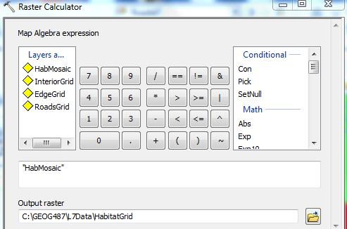 c. Compare the "HabitatGrid" to the "HabMosaic" grids to see how the Raster Calculator "clipped" the data.