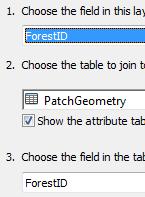 e. Join the "PatchGeometry" and "Habitat_by_Patch" tables to the "forestpatchpoly" shapefile using the link fields shown below. f. Open the attribute table to make sure the joins worked properly.