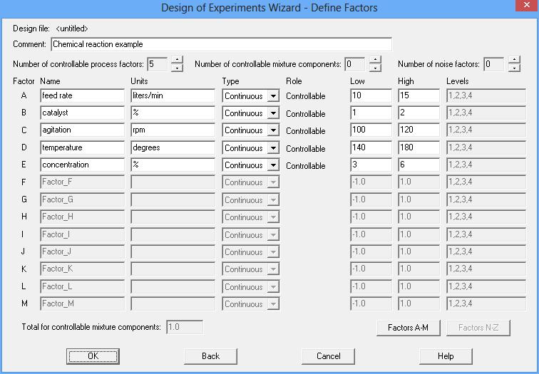 Minimum and Maximum: Range of desirable values for the response. Step #2 Define Experimental Factors The second step displays a dialog box on which to specify the factors that will be varied.