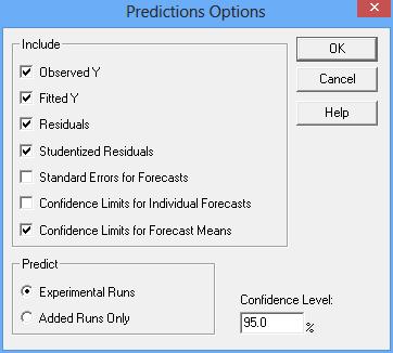 Pane Options Include: items to include in the table: 1. Observed Y - the observed response values Y i. 2. Fitted Y - the predicted values Y i calculated from the fitted model. 3.