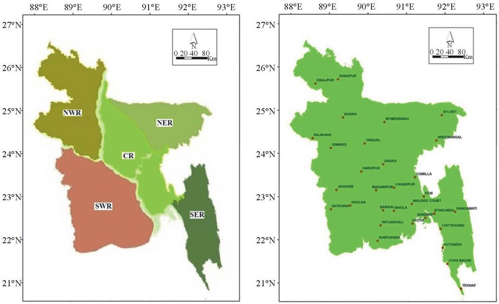 (a) Figure 1. (a) Study area with regions: Bangladesh (b) BMD stations. (b) 35 30 Negative but not significant positive but not significant Negative and significant Positive and significant No.