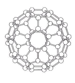 The 60 carbon atoms arrange a truncated icosahedron with in 12 pentagonal and 20 hexagonal faces, in a way that there are no adjacent pentagons.