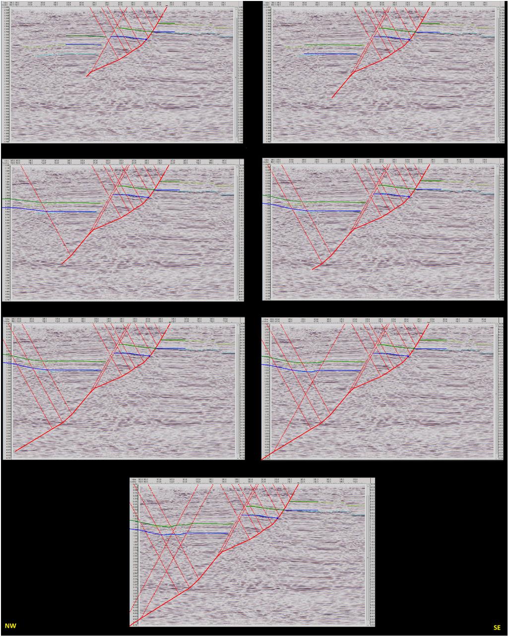 Fault prediction by forward modeling FIG. 8. Kinematic forward modeling for fault prediction. Light green and blue are interpreted seismic horizons.