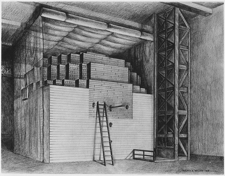Drawing of the first artificial reactor, Chicago Pile-1 CP-1 was built on a rackets court, under the abandoned west stands of the original