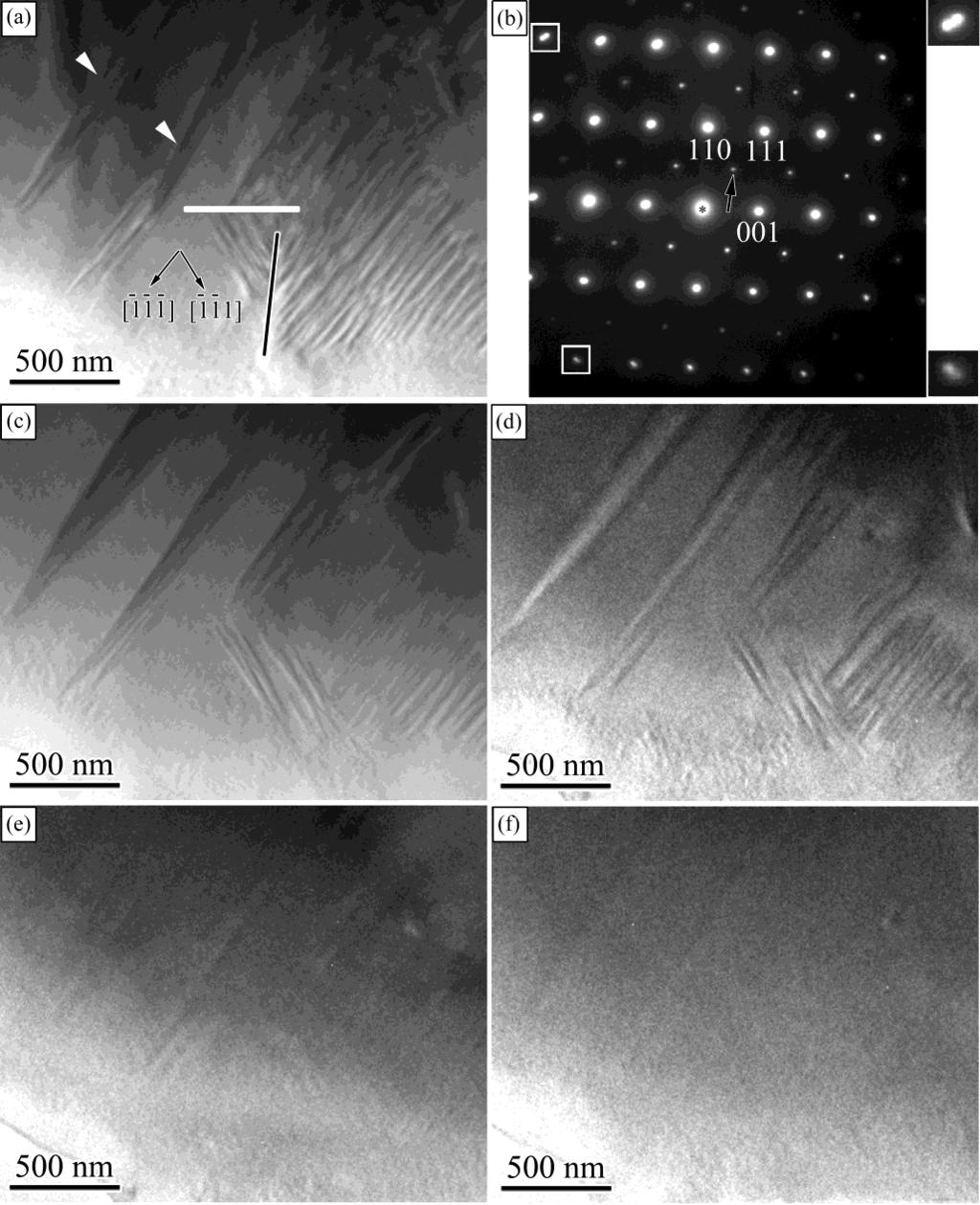 Fig. 2. Bright-field TEM images of the ferroelectric domains in the ceramic recorded at (a) 25 C, (c) 100 C, (d) 140 C, (e) 160 C and (f) 180 C, respectively.