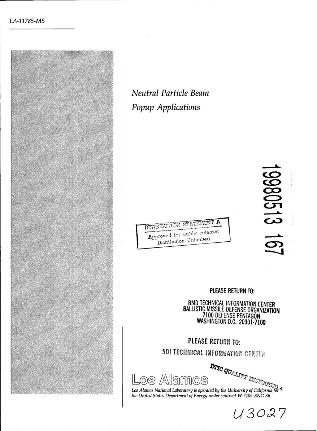 LA-11785-MS Neutral Particle Beam Popup Applications PI ApP Di.