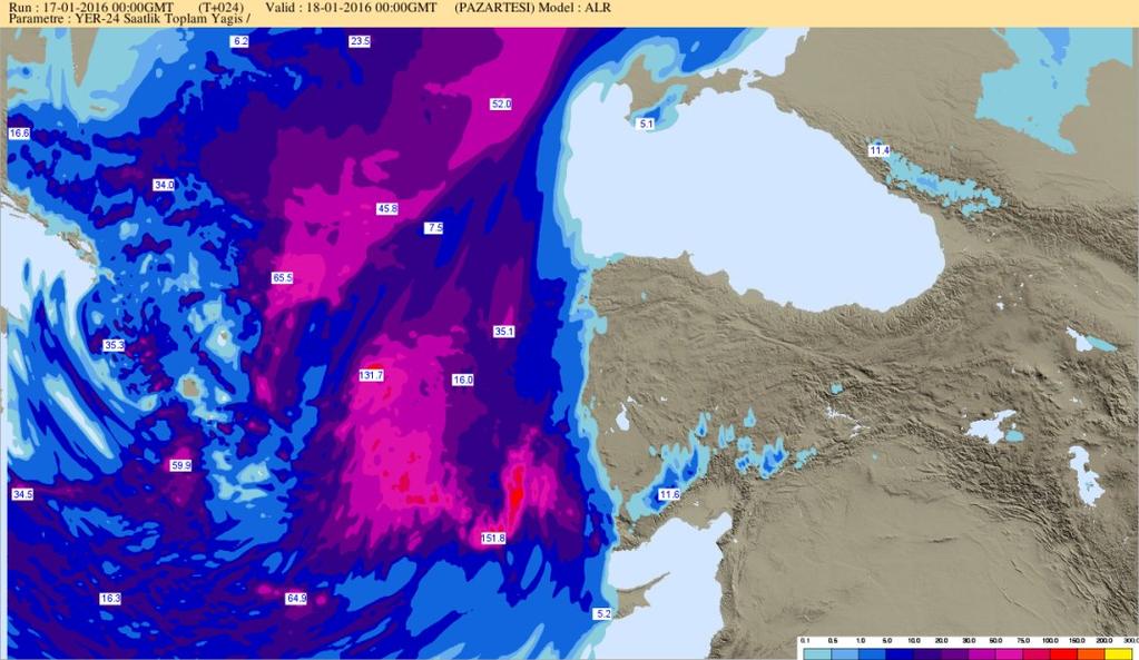 ECMWF Precipitation Forecast ECMWF Operational Analysis and Foracast Map on 17 January 2016 at 00:00UTC T+24hr (Total