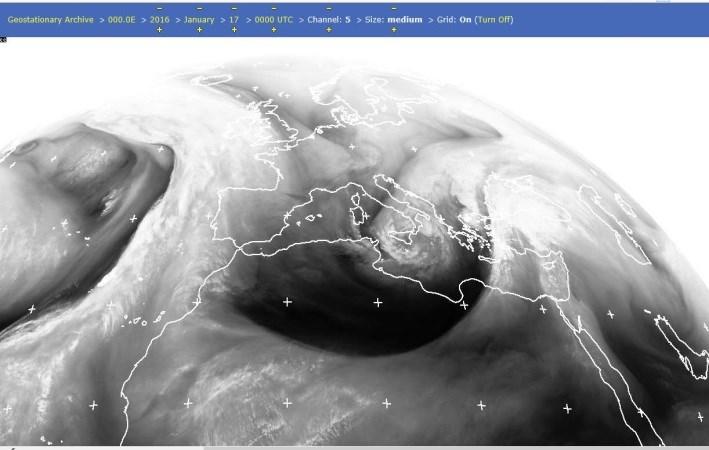 Satellite Image EUMETSAT MSG WV channel 5 on 17 January 2016 at 00:00UTC Satellite image shows that the frontal system was more visible and pronounced over