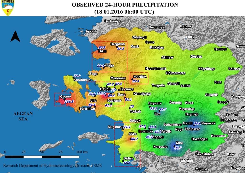 Material and Method (3) Observed 24 hr Precipitation for Çeşme, Dikili, İzmir and Manisa Accumulations of precipitation as measured by AWOS over the last 24 hour
