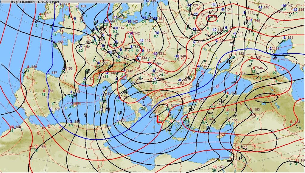 Synoptic Analysis (2) 850 hpa Chart on 17 January 2016 at 00:00UTC Source:METCAP Strong cold air advection over Athens from southwest and also Low Level Jet (LLJ) from southeast brought high
