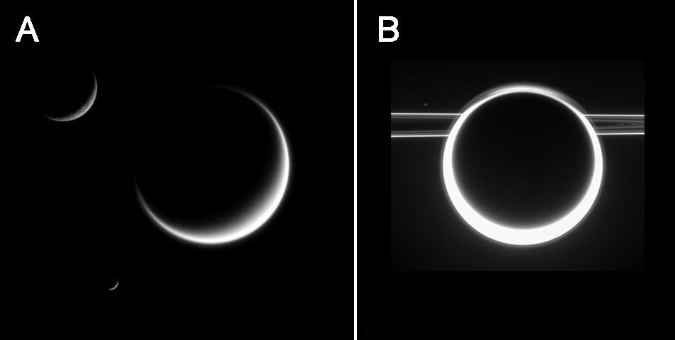 Figure 6: A This photograph taken by the Cassini space probe of Saturns moons Rhea (upper left), Titan (center) and Mimas (lower left) illustrates the role that Titans atmosphere plays in changing