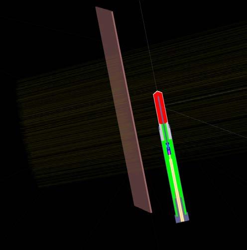 Farmer-type ionization chamber (left). Particle tracks for the x-ray beam are shown, indicating the actual field size of the beam.