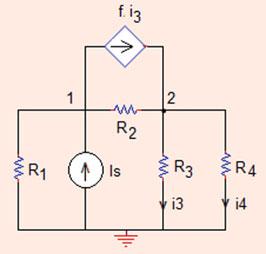 94 Analysis Methods Fig.. The circuit of Problem.. KCL at nodes and : i ¼ V R 3 ¼ V ¼ V : 4V V ðv V Þ ¼ 0 ð:þ 4V þ ðv V ÞV V ¼ ð0þ: ð:þ Simplifying (.) and (.